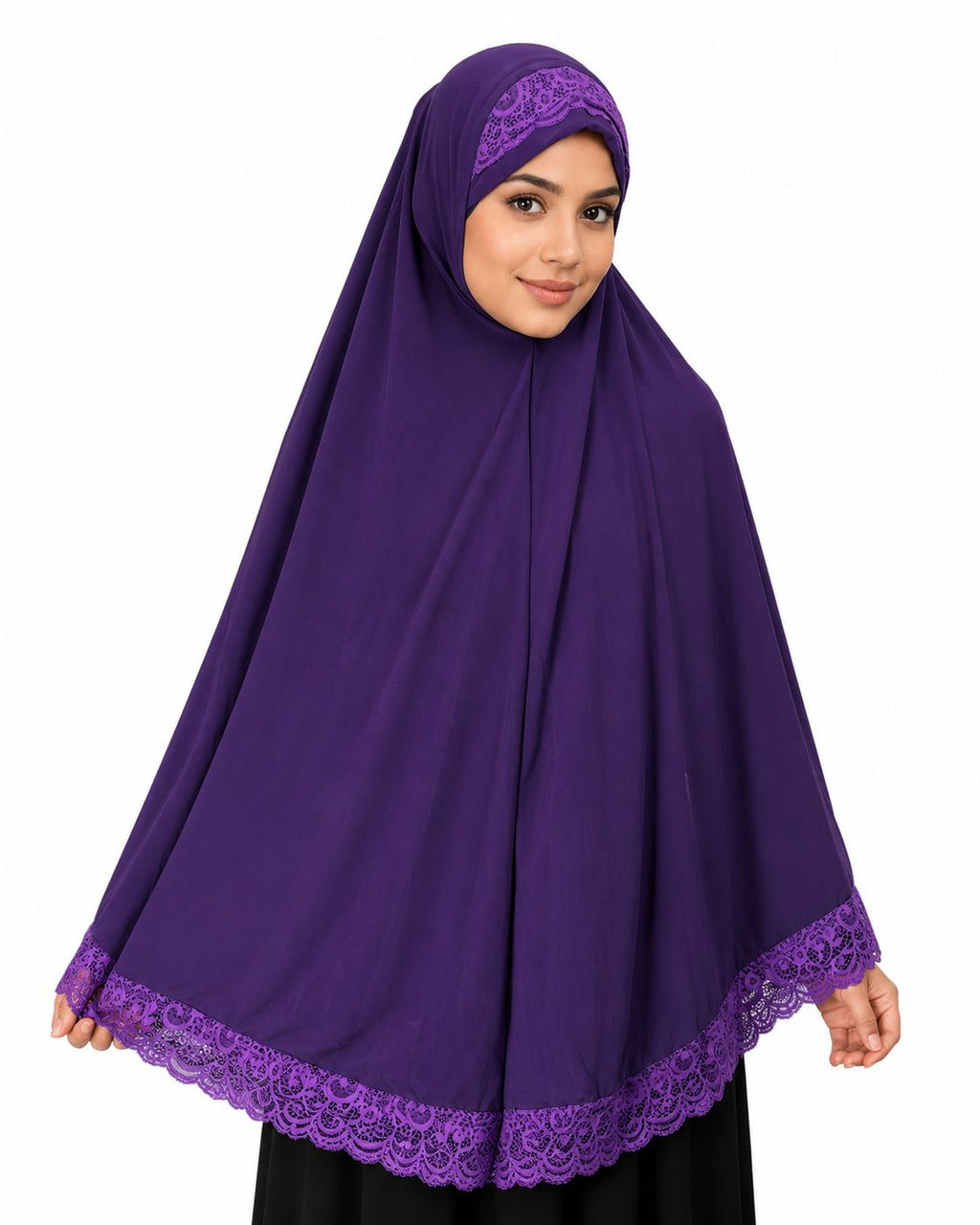 Premium Premium Lycra Khimar with Scalloped Lace Border – Full Coverage Ready-to-Wear Hijab (Deep Purple)