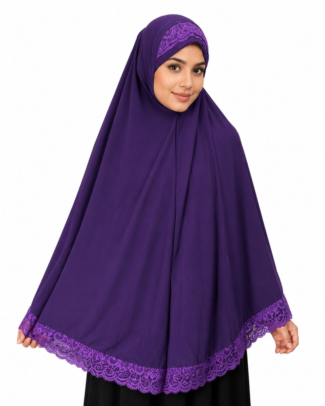 Premium Premium Lycra Khimar with Scalloped Lace Border – Full Coverage Ready-to-Wear Hijab (Deep Purple)
