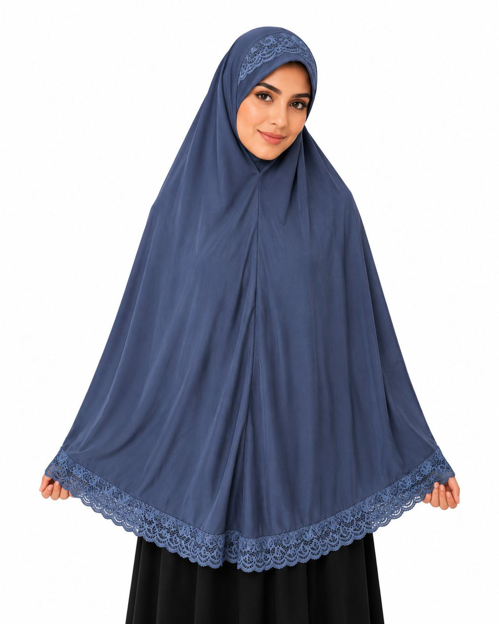 Women’s Premium Steel Blue Lace-Trimmed Hijab Khimar | Free Size Modest Prayer Wear