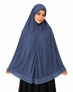 Women’s Premium Steel Blue Lace-Trimmed Hijab Khimar | Free Size Modest Prayer Wear