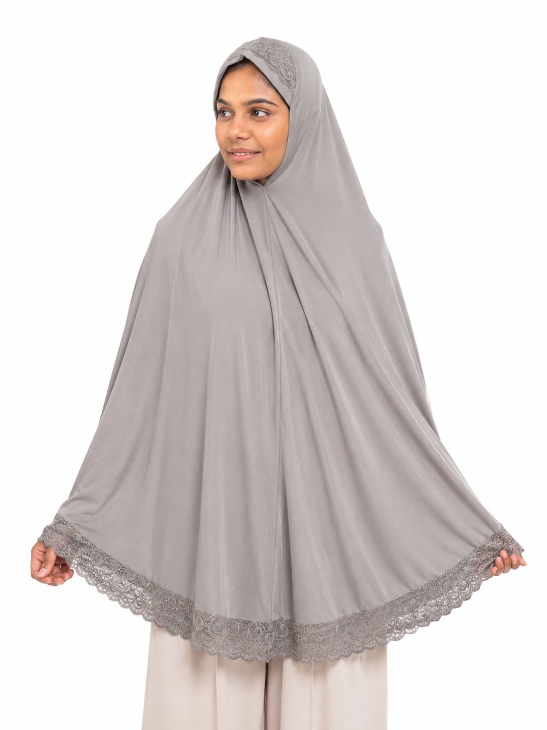 Premium Crochet Lace Khimar Hijab for Women | Instant Full Coverage Prayer Khimar | Soft Georgette Modest Islamic Hijab | Lightweight Elegant Muslim Head Cover | Grey