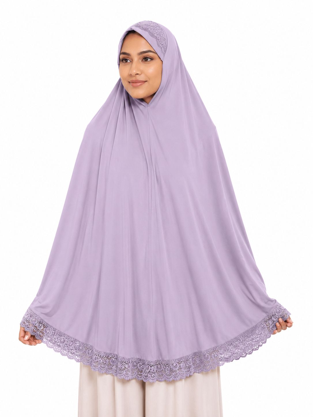 Premium Crochet Lace Khimar Hijab for Women | Instant Full Coverage Prayer Khimar | Soft Georgette Islamic Modest Wear | Lightweight Elegant Muslim Hijab | Lavender Lilac