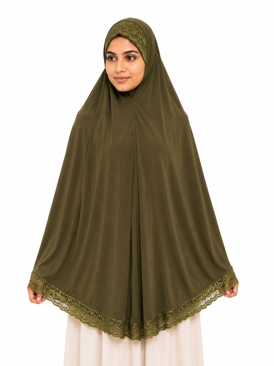 Premium Olive Green Crochet Lace Khimar Hijab for Women