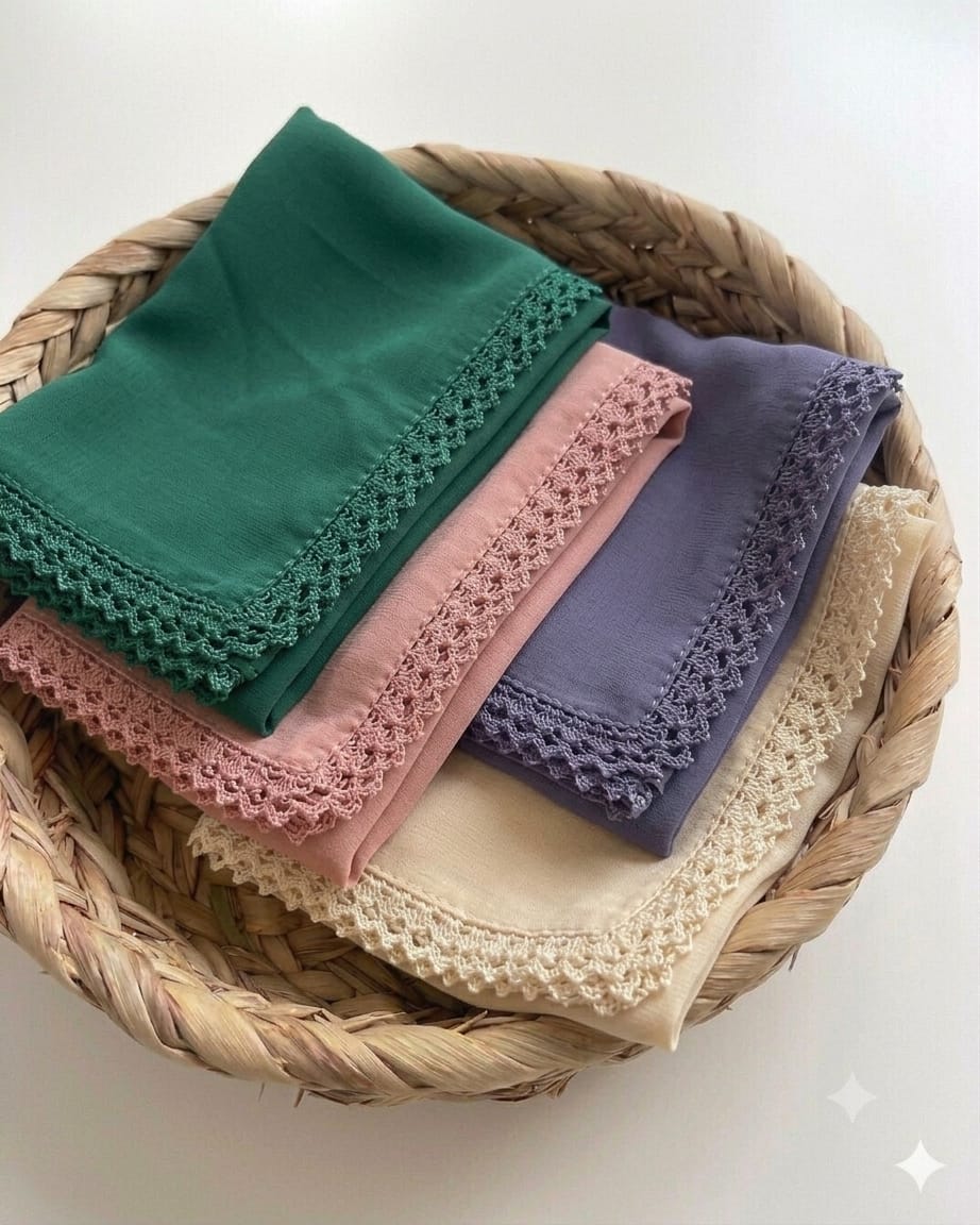Primary Keywords: Malaysian Chiffon Hijab, Crochet Lace Border Hijab, Premium Chiffon Scarf, Modest Fashion Accessories, Elegant Hijab for Women.