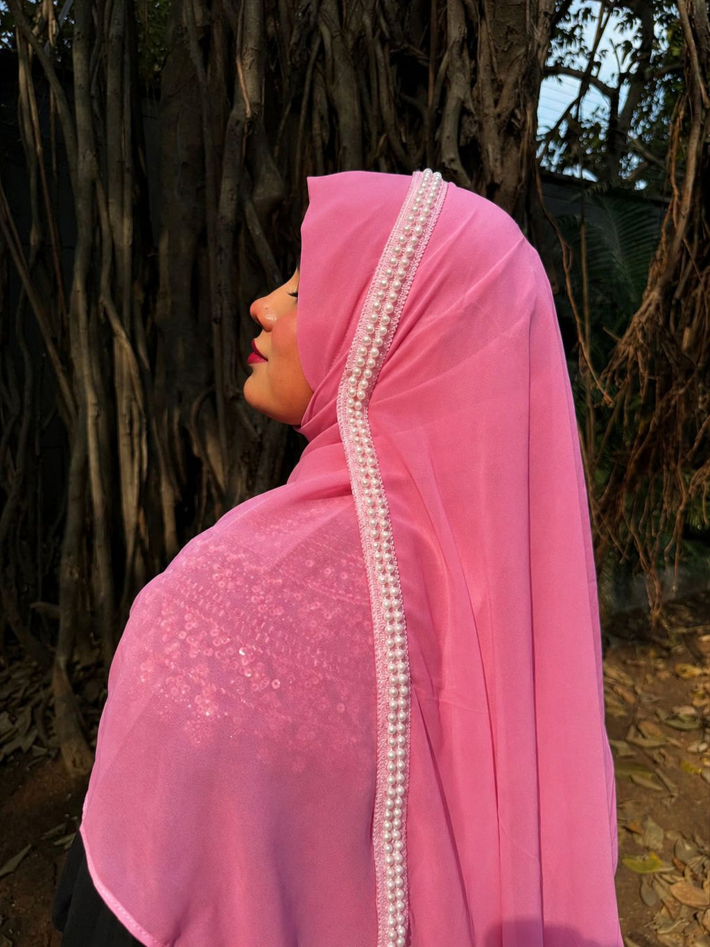 Premium Pink Lace Handwork Hijab