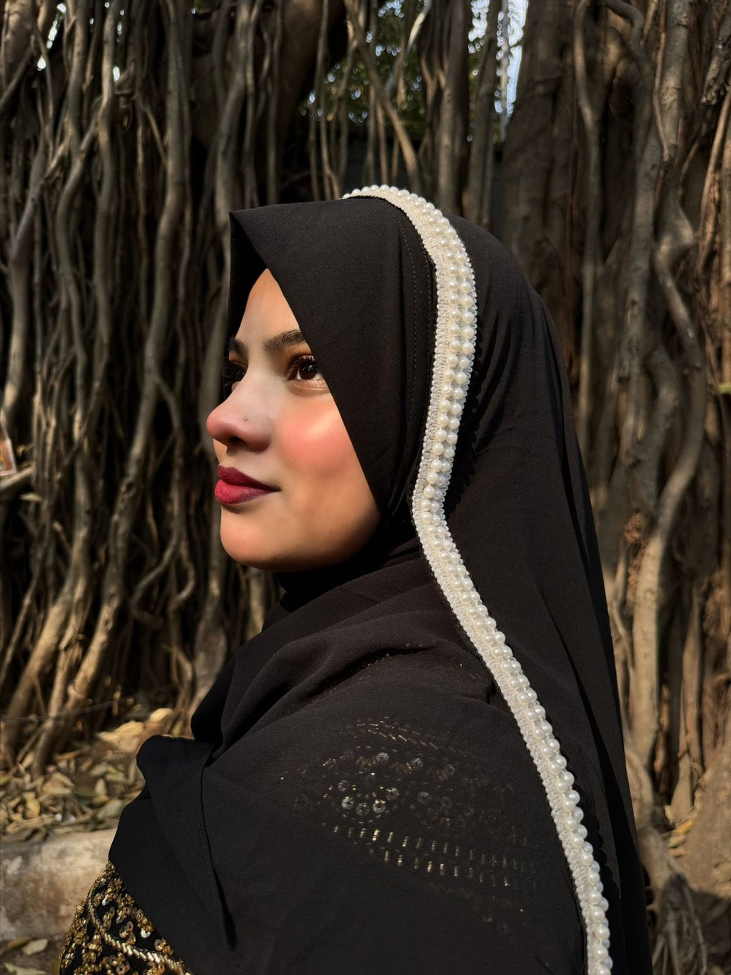 Premium Black Lace Handwork Hijab