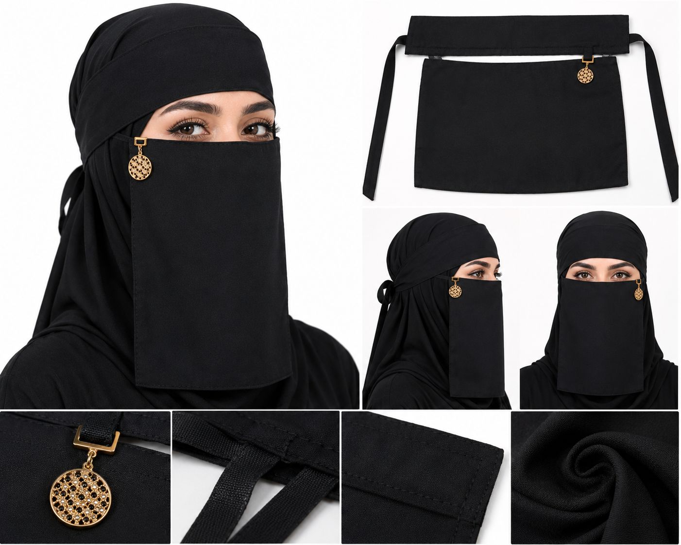 Saudi Style Black Niqab Nose Piece with Elegant Gold Round Pendant Charm