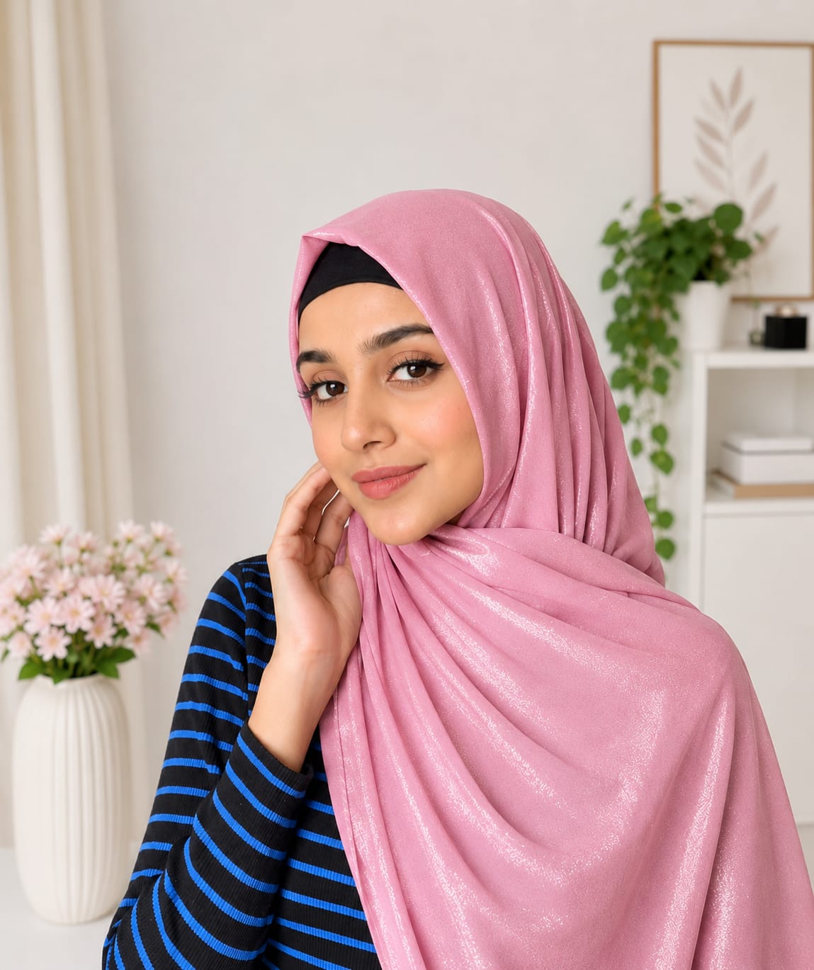 Pink Shimmer Georgette Hijab | Soft Lightweight Georgette Hijab for Women | Party Wear & Daily Wear Headscarf
