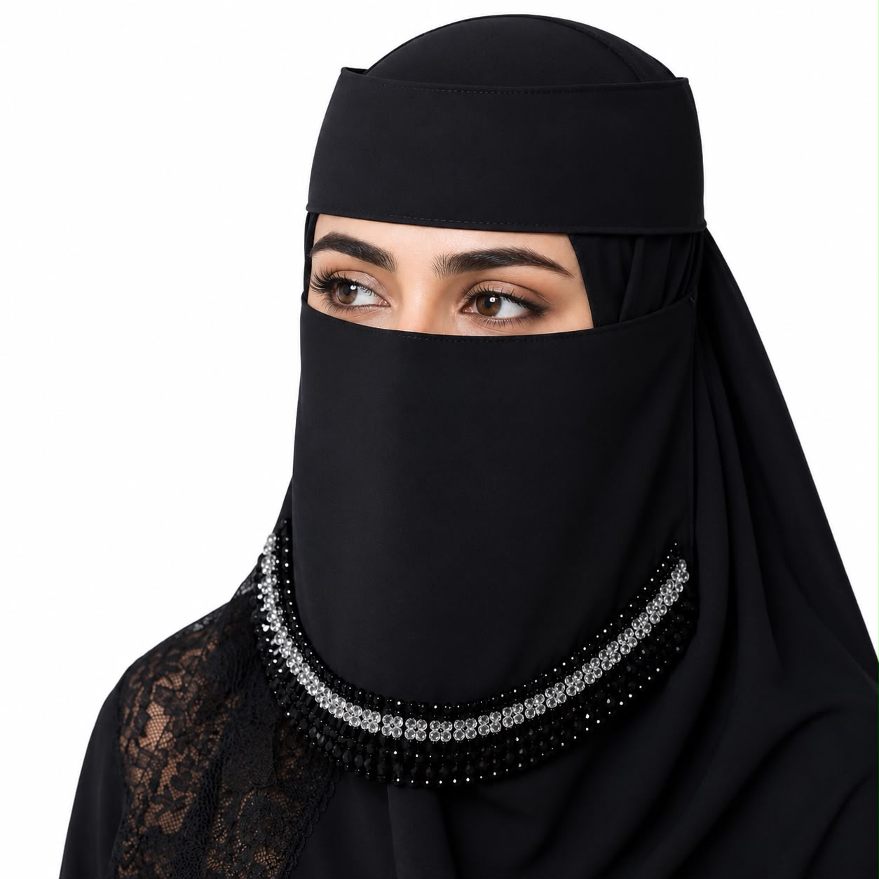 Premium Black Stone Work Saudi Niqab with Forehead Band