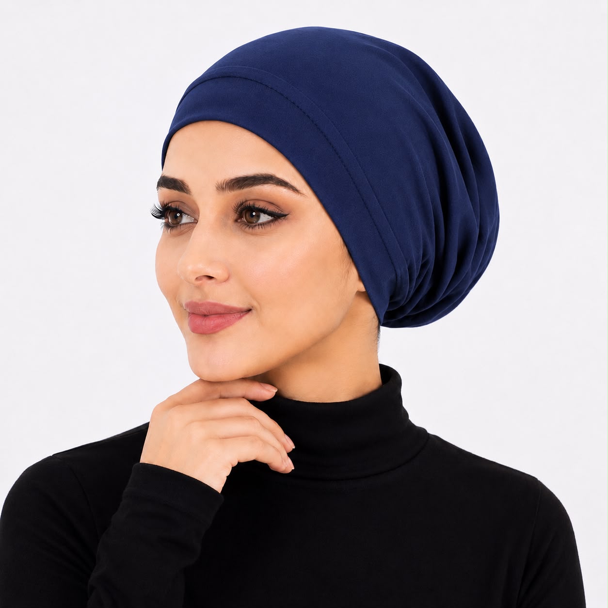 Premium Chiffon Inner Hijab Cap / Front-View Navy Blue Slip-On Under-Scarf