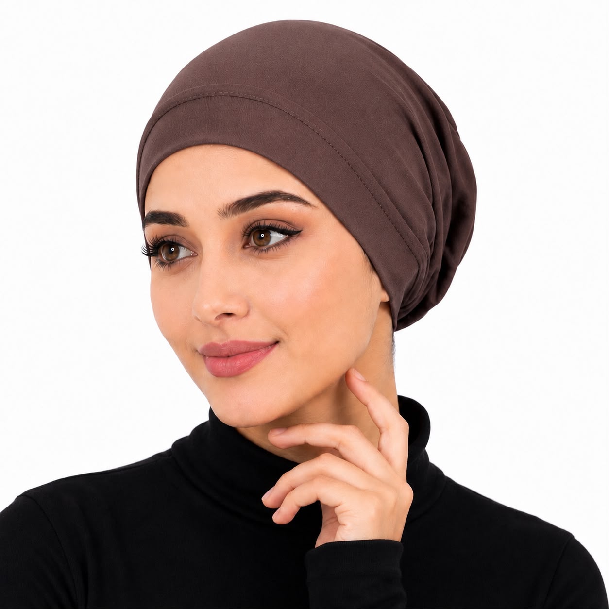 Premium Chiffon Inner Hijab Cap / Downward-Gaze Coffee Brown Slip-On Under-Scarf