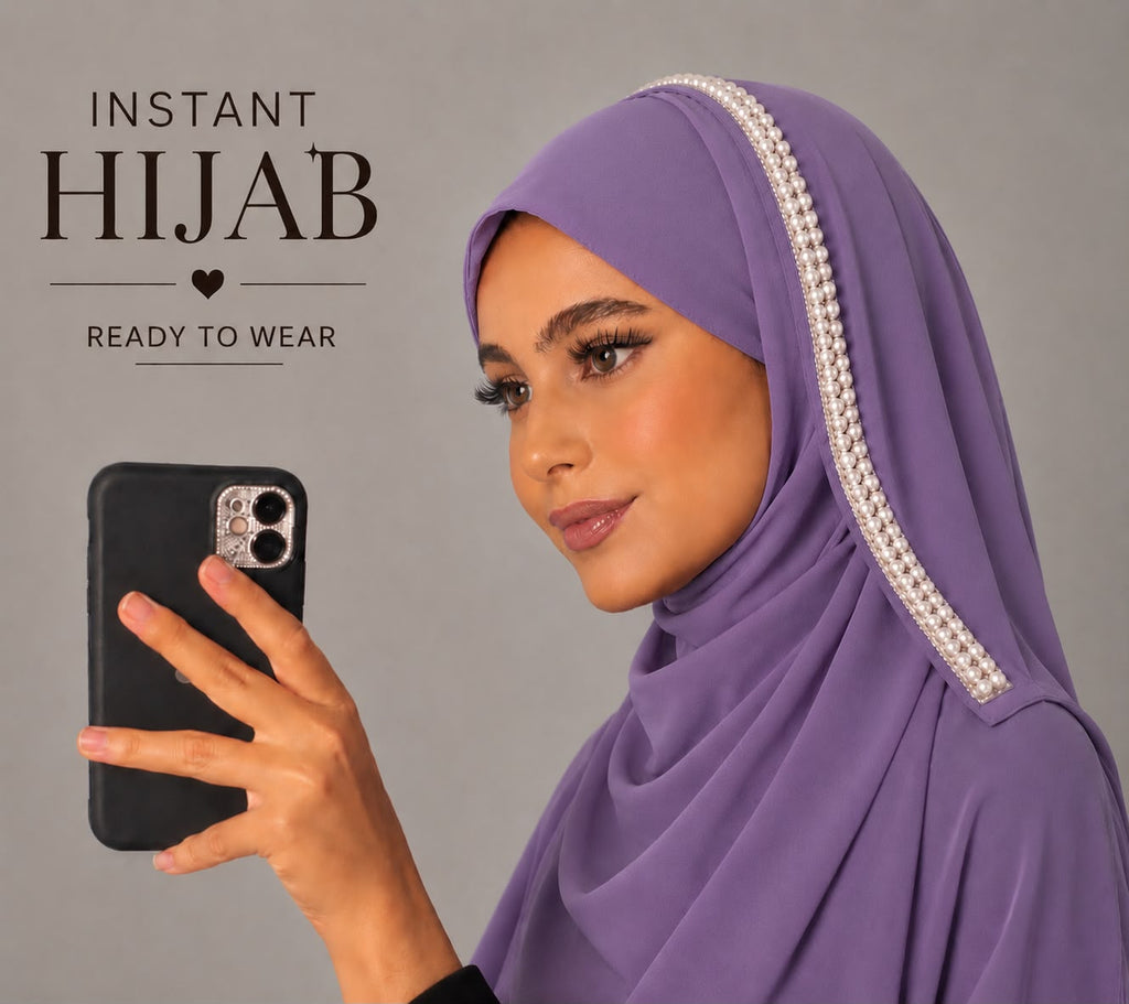 Border Lavender Pearl Chiffon Instant Hijab