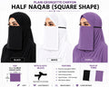 Plain Georgette Chiffon Half Naqab with Elastic – Square Shape, 12 x 14 Inch (Pack of 3, Black, White, Purple)
