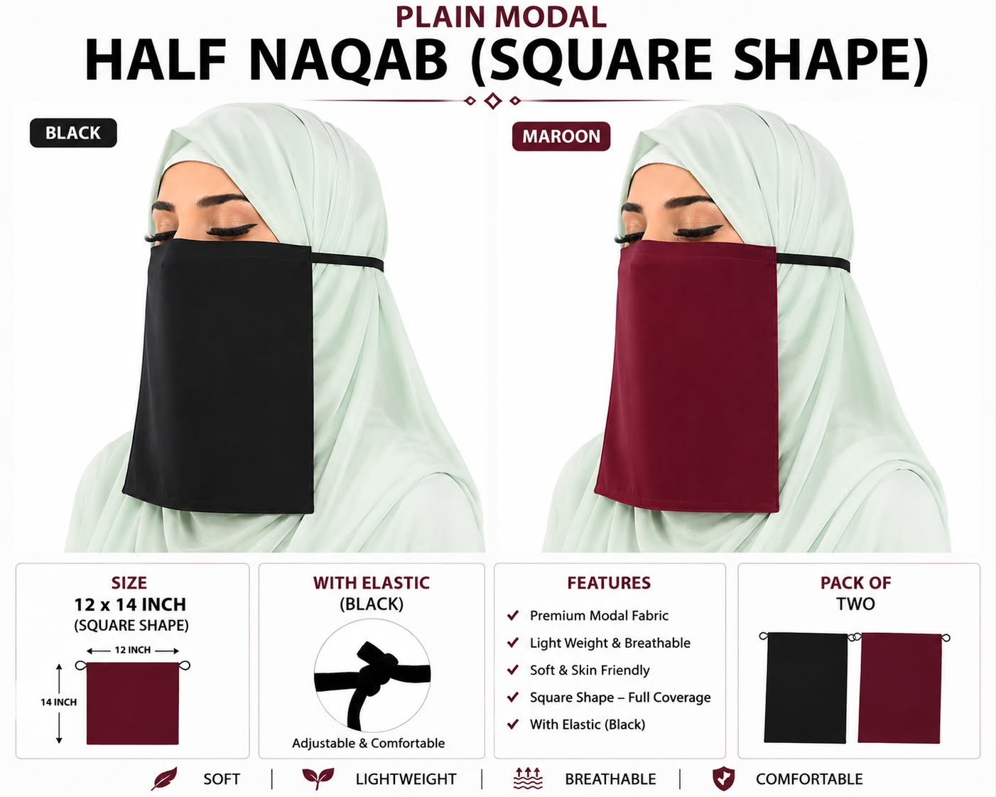 Plain Chiffon Half Naqab with Elastic – Square Shape, 12 x 14 Inch (Pack of Two, Black and Maroon)