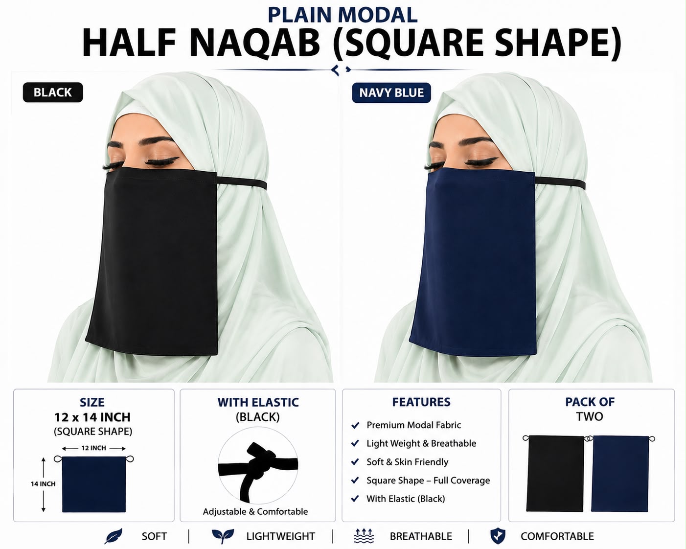 Plain Chiffon Half Naqab with Elastic – Square Shape, 12 x 14 Inch (Pack of Two, Black and navy blue