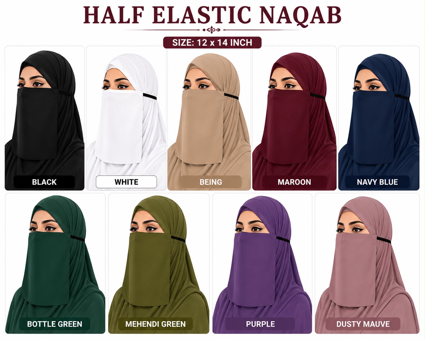 Plain Georgette Chiffon Half Naqab with Elastic – Square Shape, 12 x 14 Inch (Pack of 9 8Multicolored Assortment)