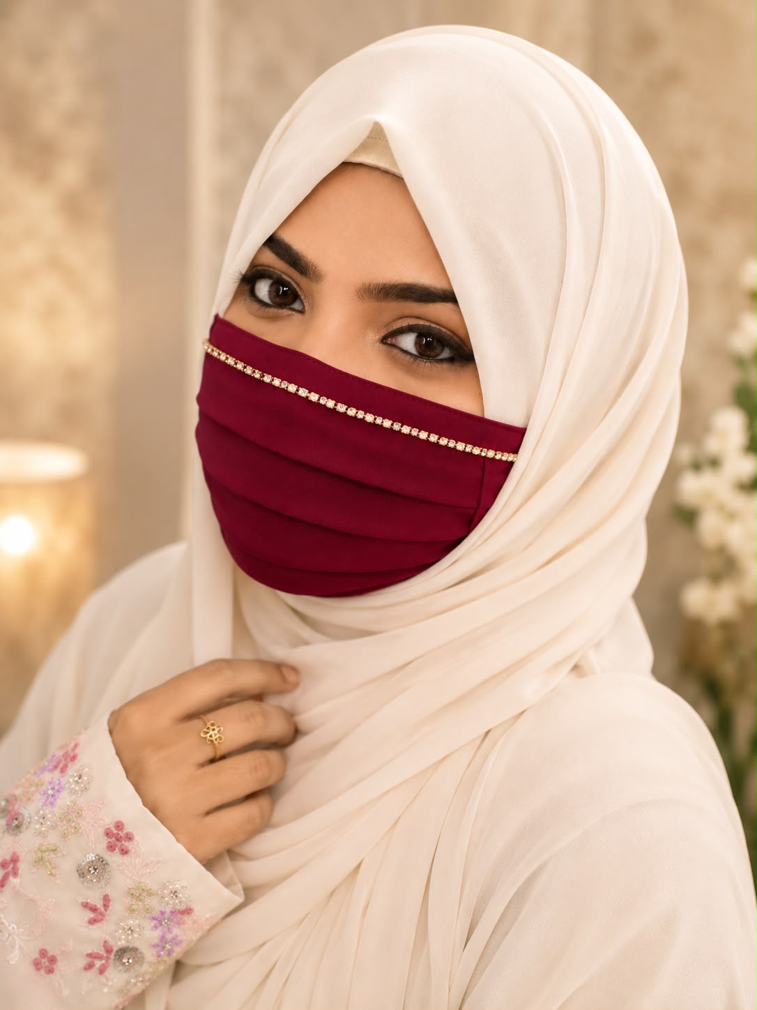 Premium Chiffon Pleated Designer Niqab with Sparkling Crystal Stone Trim mask