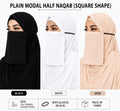 Plain Modal Half Naqab with Elastic – Square Shape, 12 x 14 Inch (Pack of 3, Black, White, Skin)