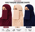 Plain Chiffon Half Naqab with Elastic – Square Shape, 12 x 14 Inch (Pack of 3, Maroon, Skin, Navy Blue)