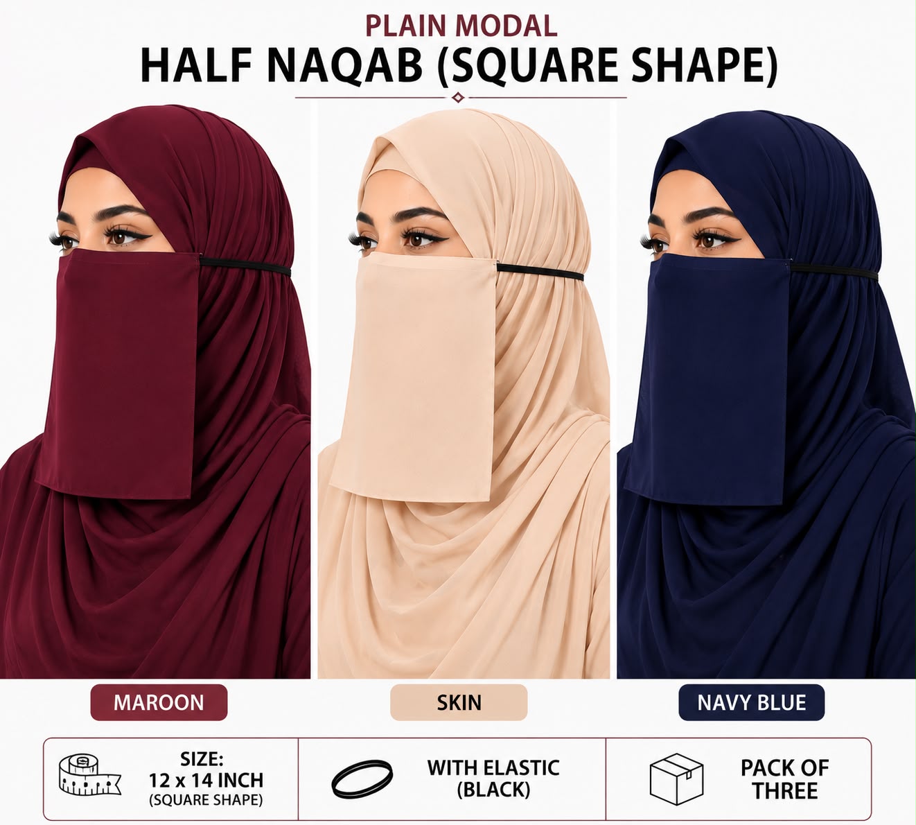 Plain Chiffon Half Naqab with Elastic – Square Shape, 12 x 14 Inch (Pack of 3, Maroon, Skin, Navy Blue)