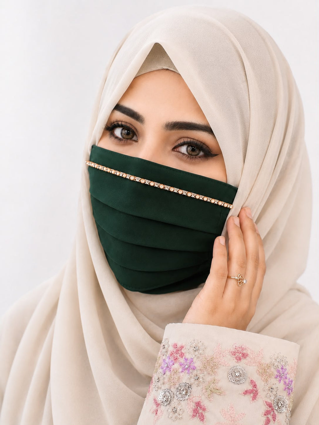Premium Bottle Green Handwork Mask | Diamond & Pearl Work | Soft Georgette Fabric | Elegant Islamic Face Mask | Reusable & Comfortable
