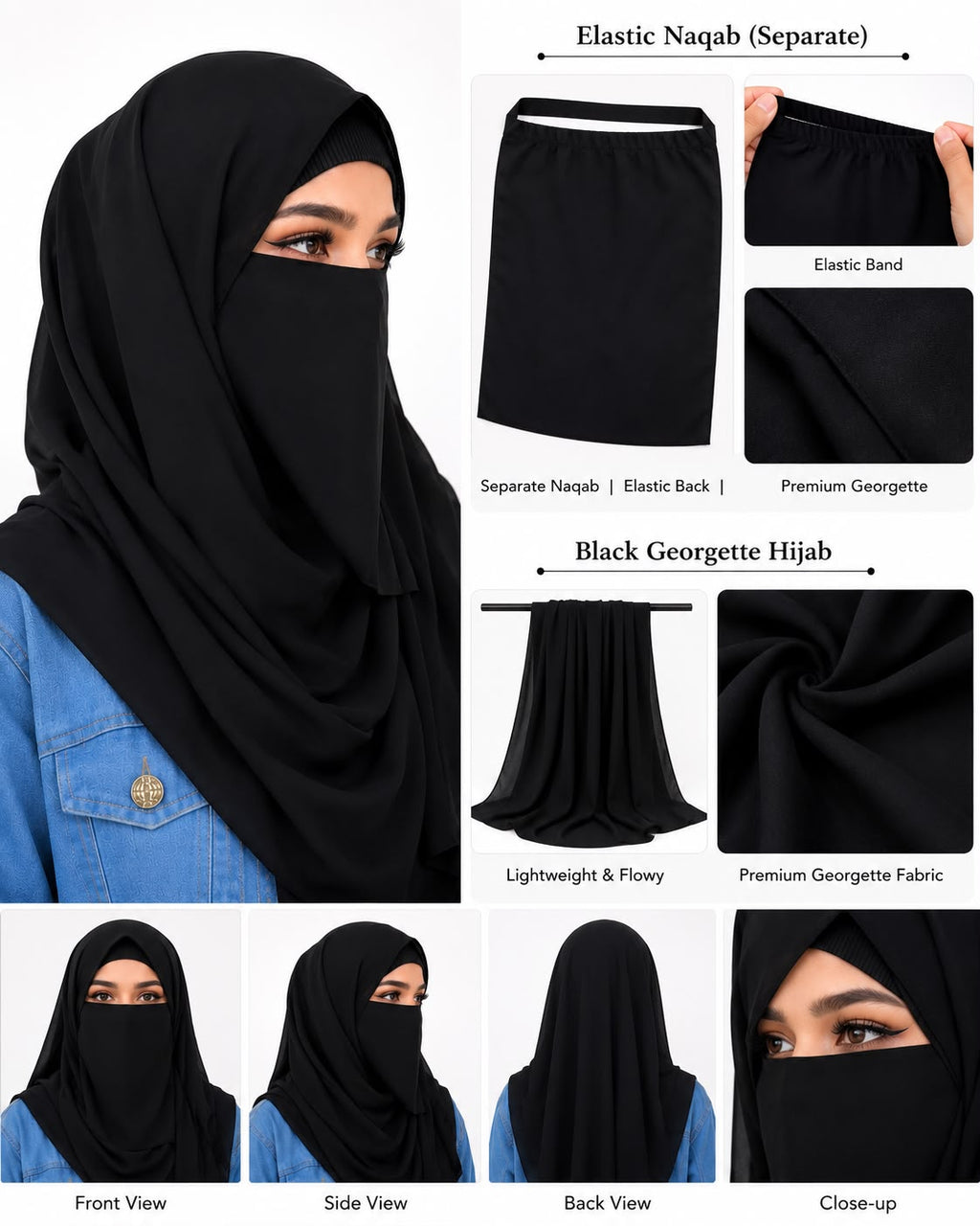 Premium Black Georgette Hijab with Separate Elastic Naqab | Lightweight Modest Wear | Soft & Breathable