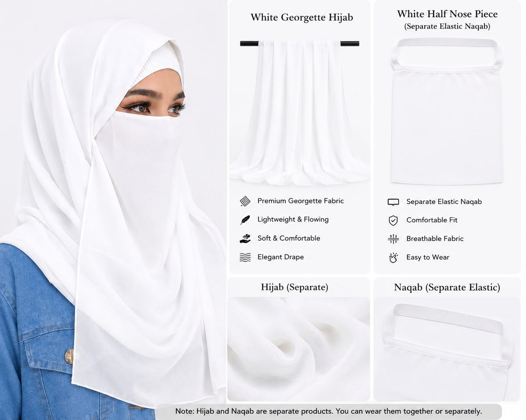 Product Description – White Georgette Hijab with White Half Nose Piece