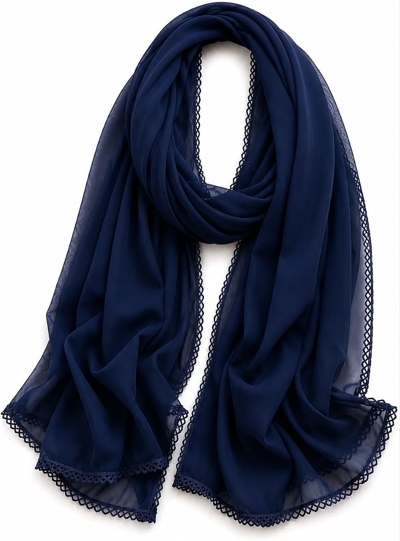 Malaysian Georgette Crochet Hijab Dupatta 170 x 70 cm | Crochet Lace Border, Lightweight Fabric, Solid Colour, Versatile Wrap