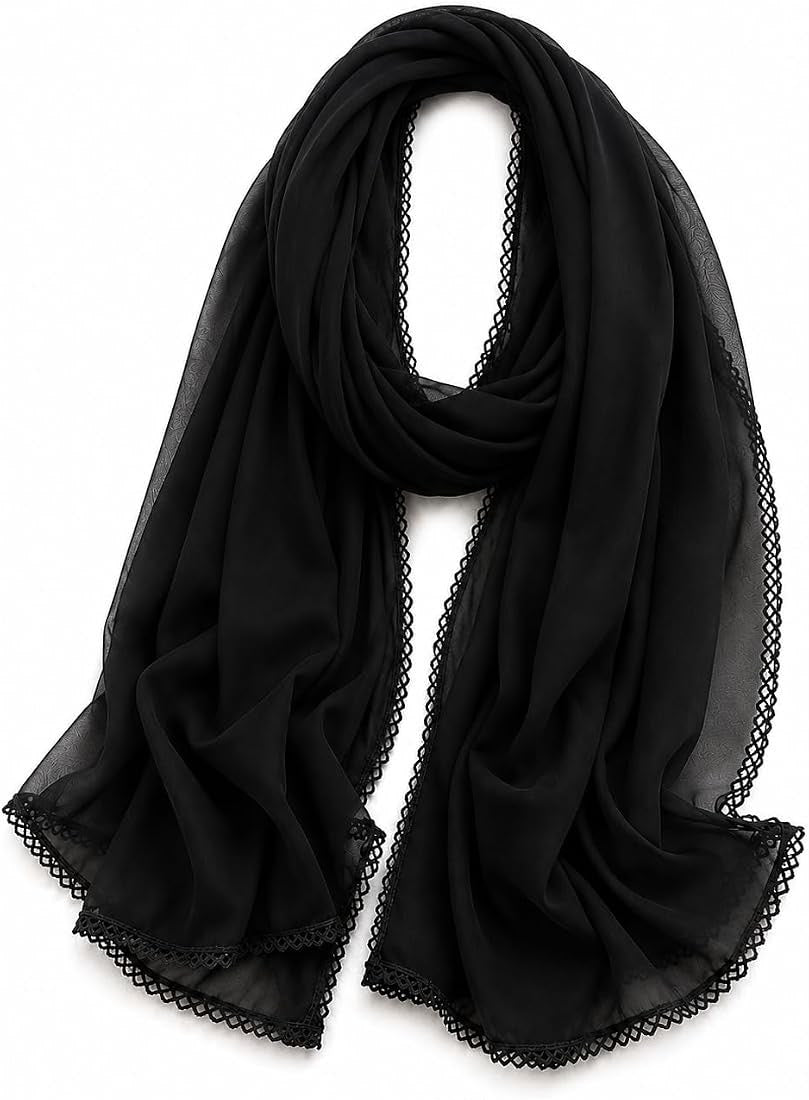 Malaysian Georgette Crochet Hijab Dupatta 170 x 70 cm | Crochet Lace Border, Lightweight Fabric, Solid Colour, Versatile Wrap
