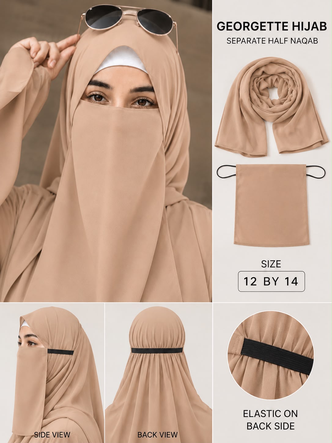 Premium Plain Georgette Hijab with Separate Half Elastic Naqab | Elastic Back Side | Soft, Lightweight & Breathable | Size 12 × 14