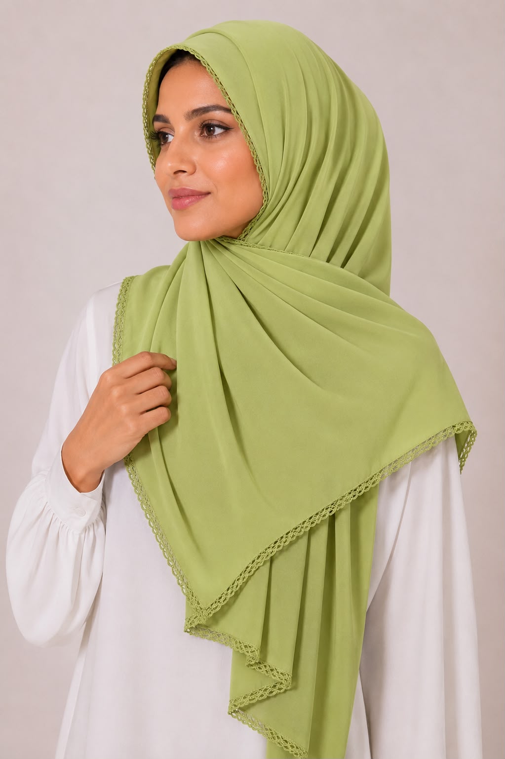 Elegant Scalloped Lace-Border Chiffon Georgette Hijab – Soft Flow Daily Wear Scarf for Women (185 × 75 cm)