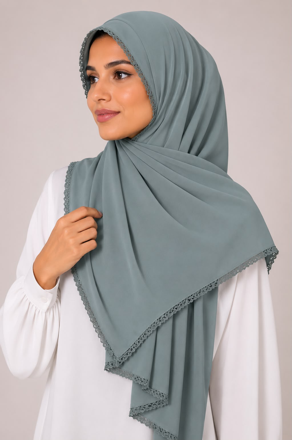 Elegant Scalloped Lace-Border Chiffon Georgette Hijab – Soft Flow Daily Wear Scarf for Women (185 × 75 cm)
