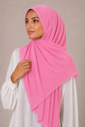 Elegant Pink Scalloped Lace-Border Chiffon Georgette Hijab – Soft Flow Daily Wear Scarf for Women (185 × 75 cm)