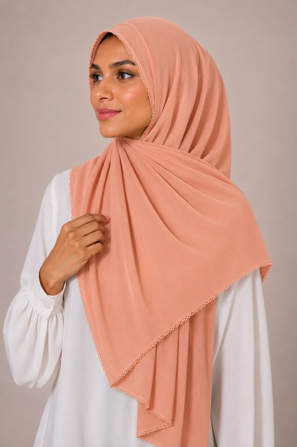 Elegant Peach Scalloped Lace-Border Chiffon Georgette Hijab – Soft Flow Daily Wear Scarf for Women (185 × 75 cm)