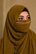 Designer Crystal Chain Pleated Niqab Face Mask - Mehandi