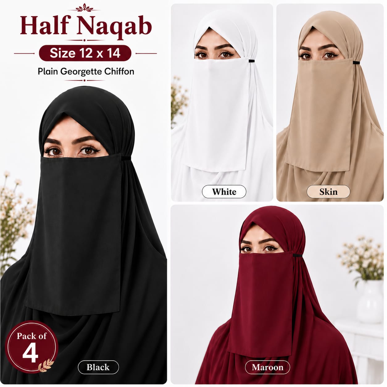 Plain Georgette Chiffon Half Naqab for Women (Pack of 4)