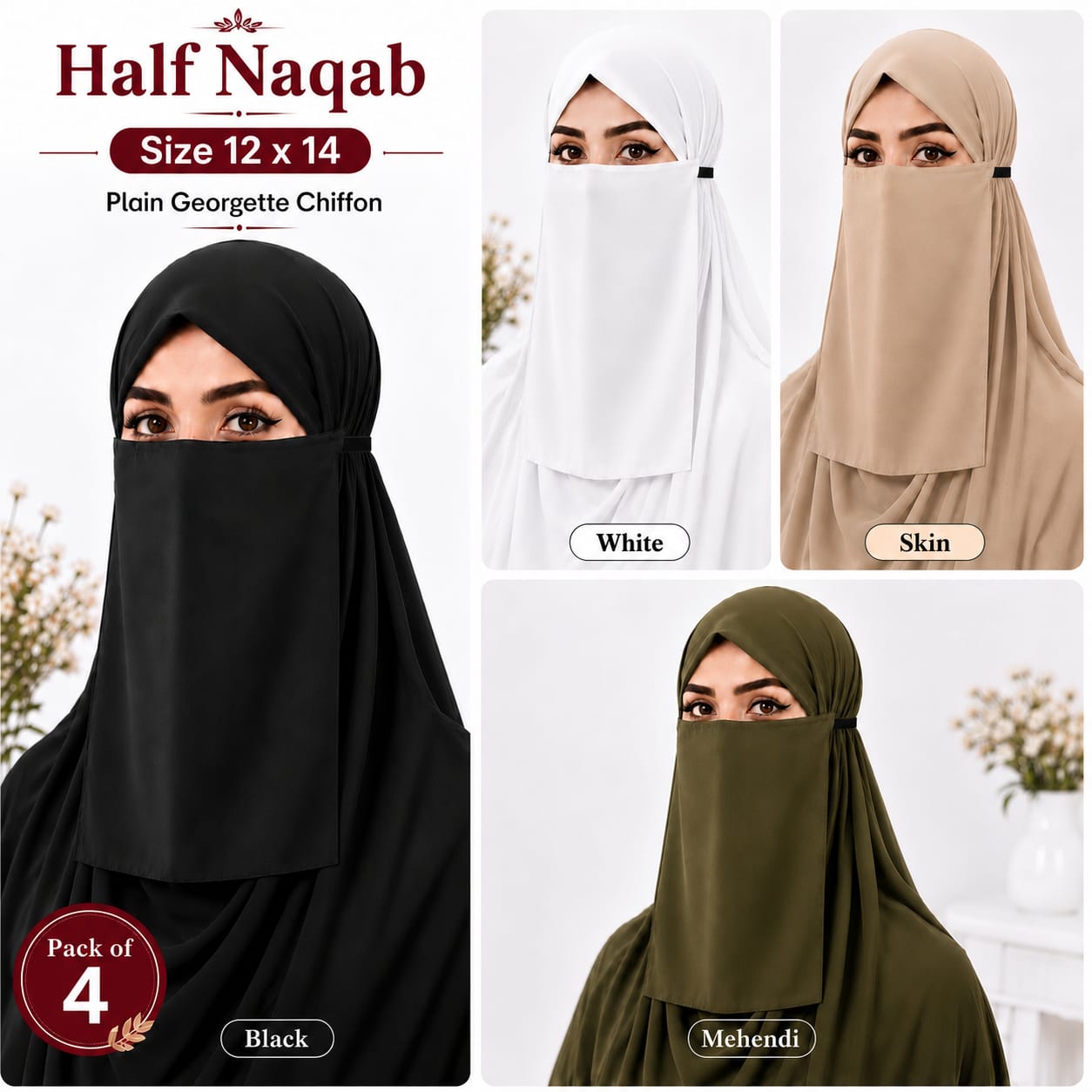 Plain Georgette Chiffon Half Naqab for Women (Pack of 4)