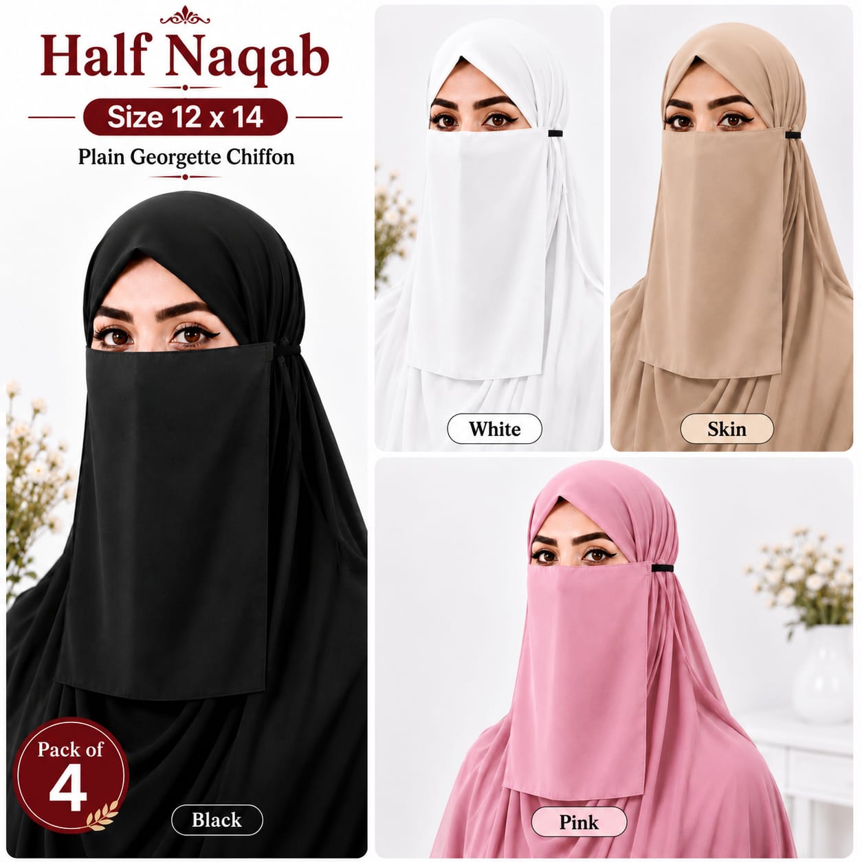 Plain Georgette Chiffon Half Naqab for Women (Pack of 4)