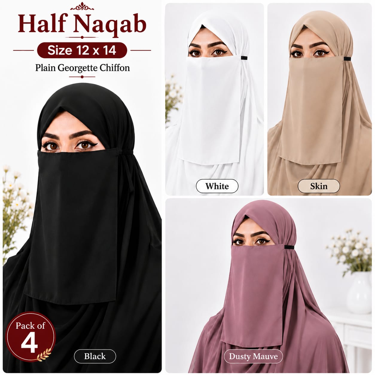 Plain Georgette Chiffon Half Naqab for Women (Pack of 4)