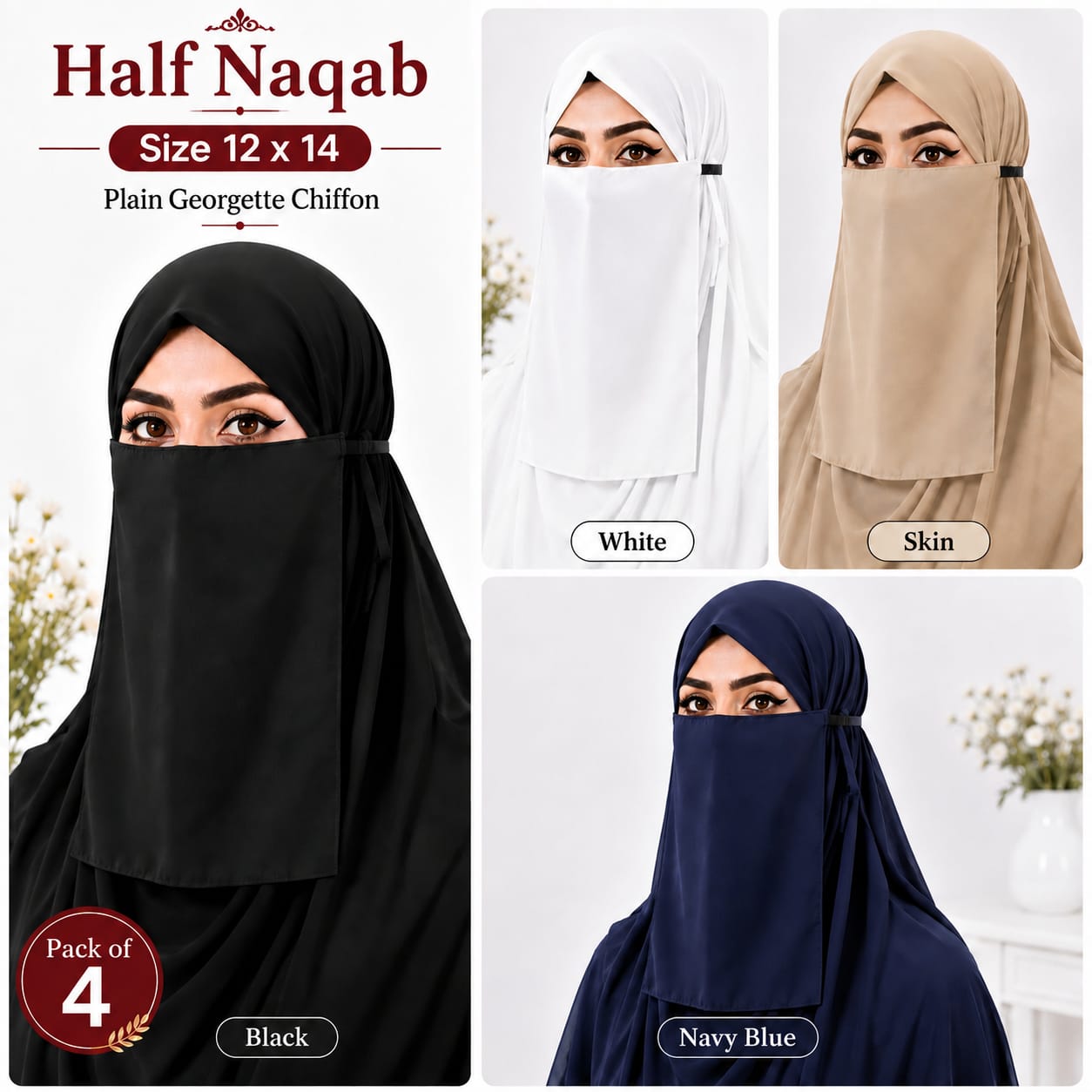 Plain Georgette Chiffon Half Naqab for Women (Pack of 4)