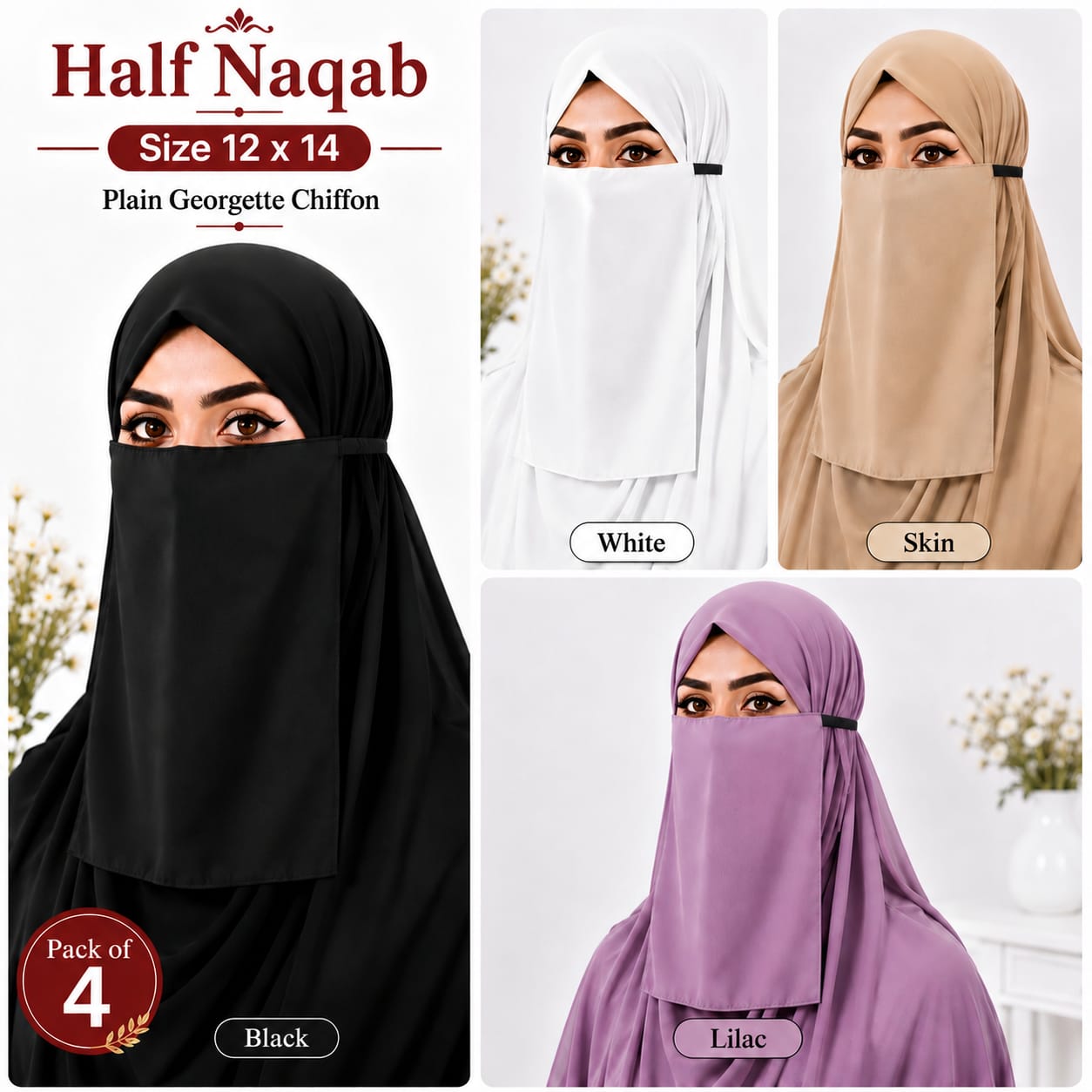 Plain Georgette Chiffon Half Naqab for Women (Pack of 4)