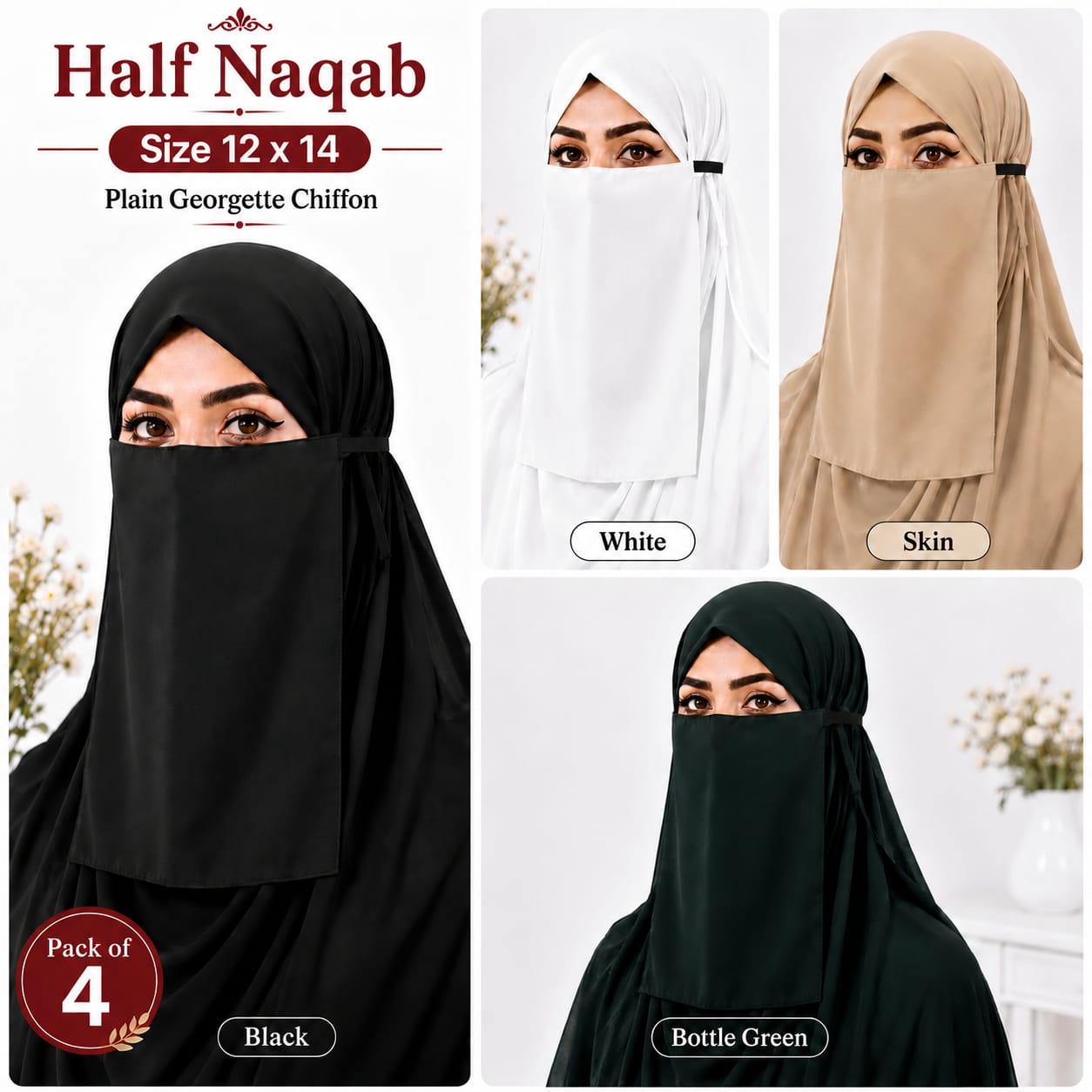 Plain Georgette Chiffon Half Naqab for Women (Pack of 4)