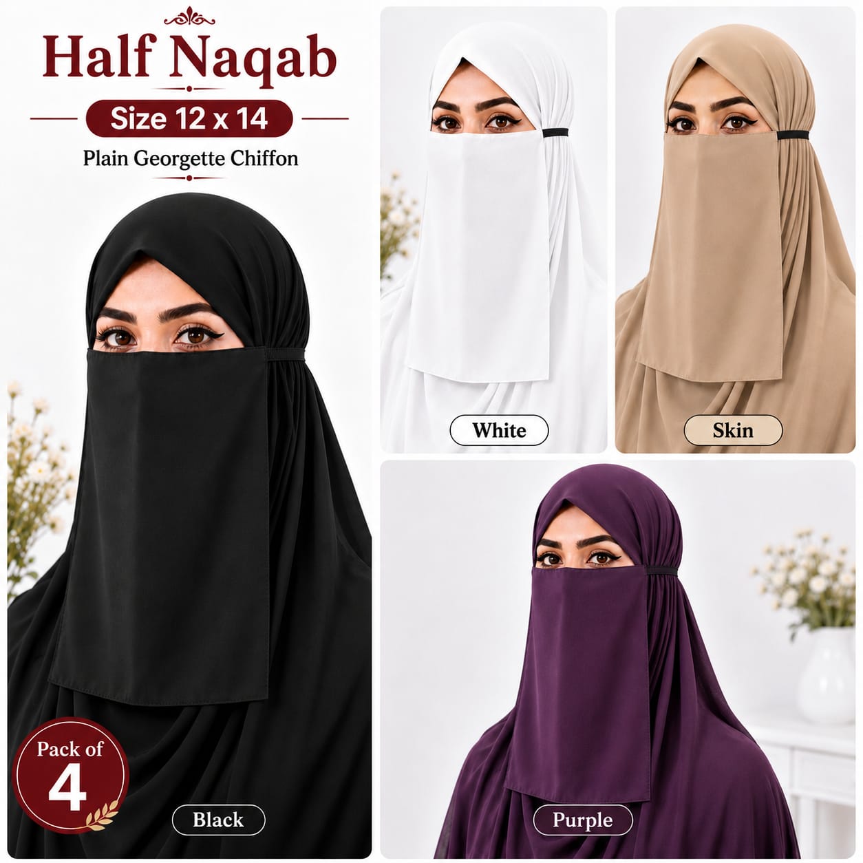 Plain Georgette Chiffon Half Naqab for Women (Pack of 4)