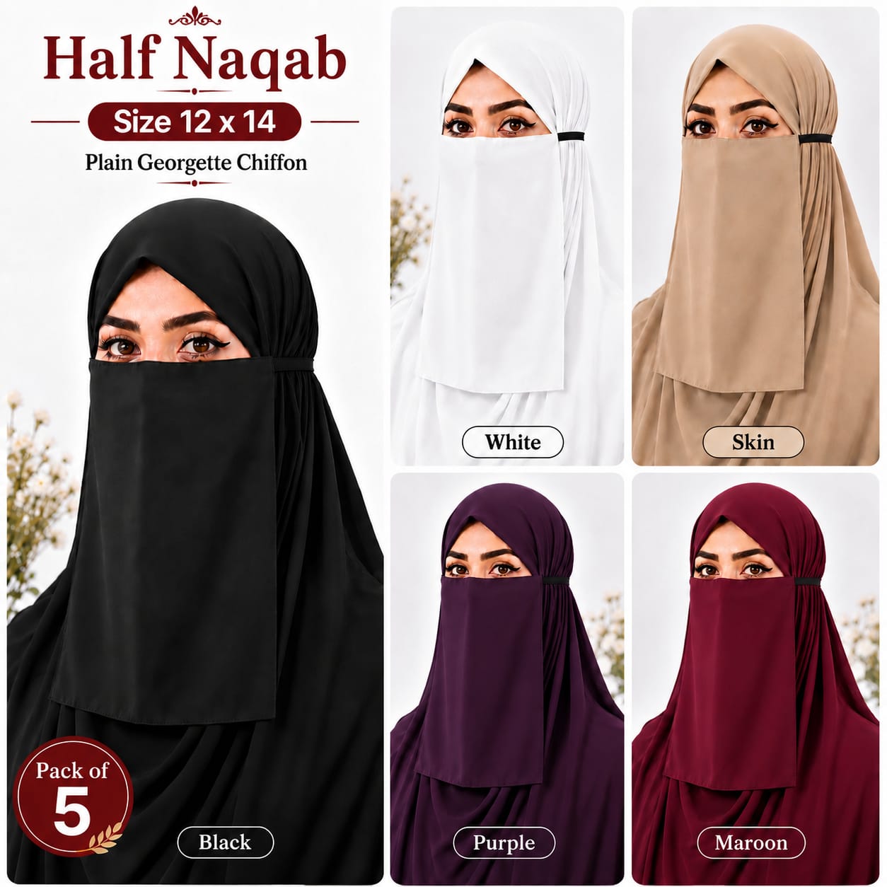 Plain Georgette Chiffon Half Naqab for Women (Pack of 5)