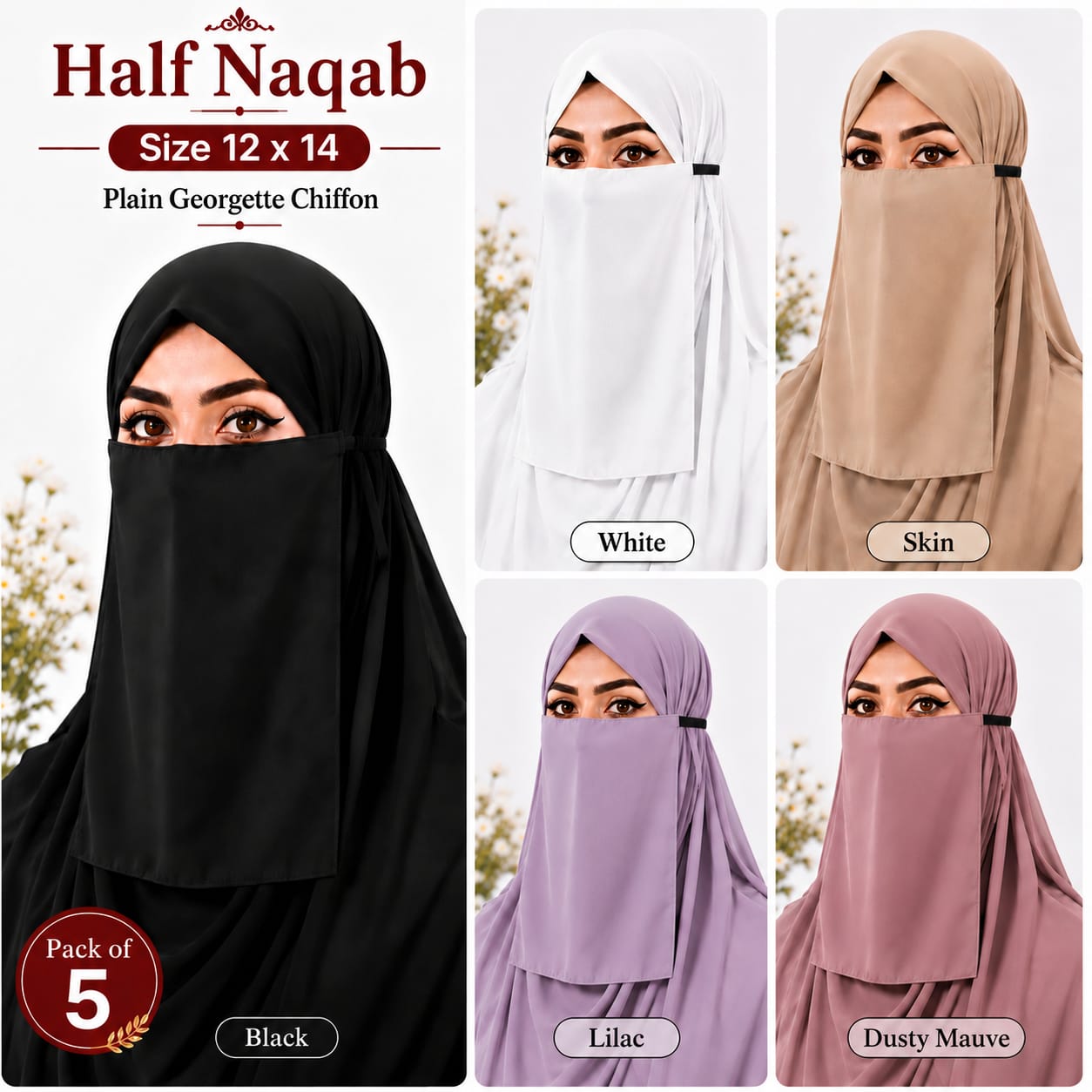 Plain Georgette Chiffon Half Naqab for Women (Pack of 5)