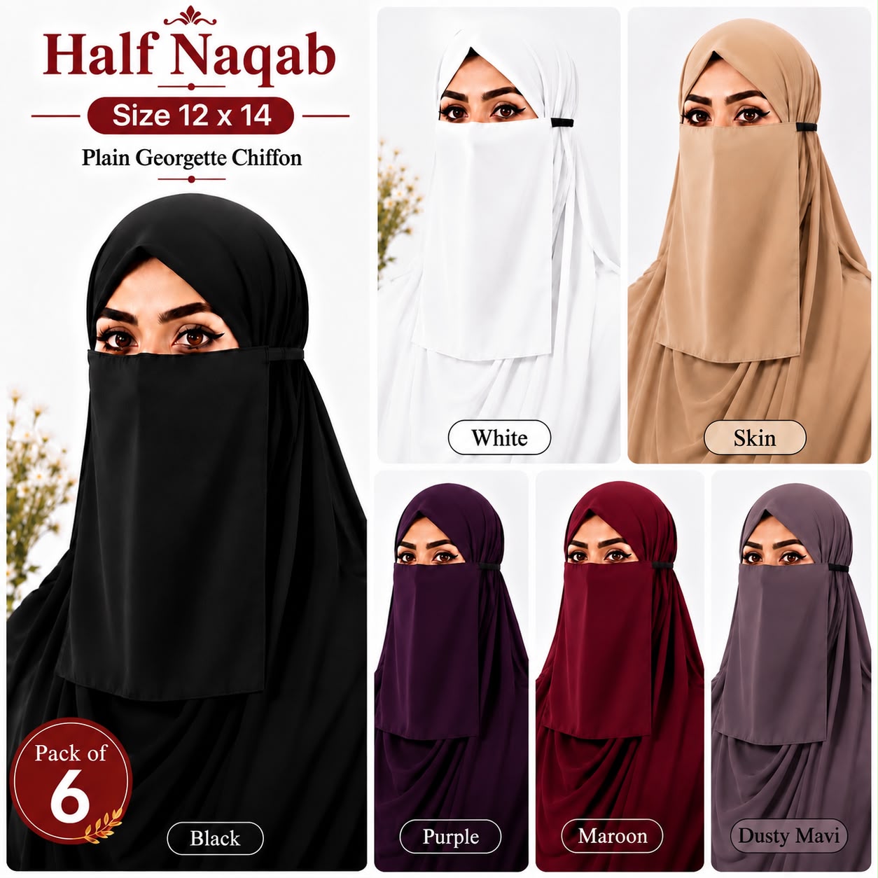 Plain Georgette Chiffon fabric Half Naqab for Women (Pack of 6) perfect for regular wear