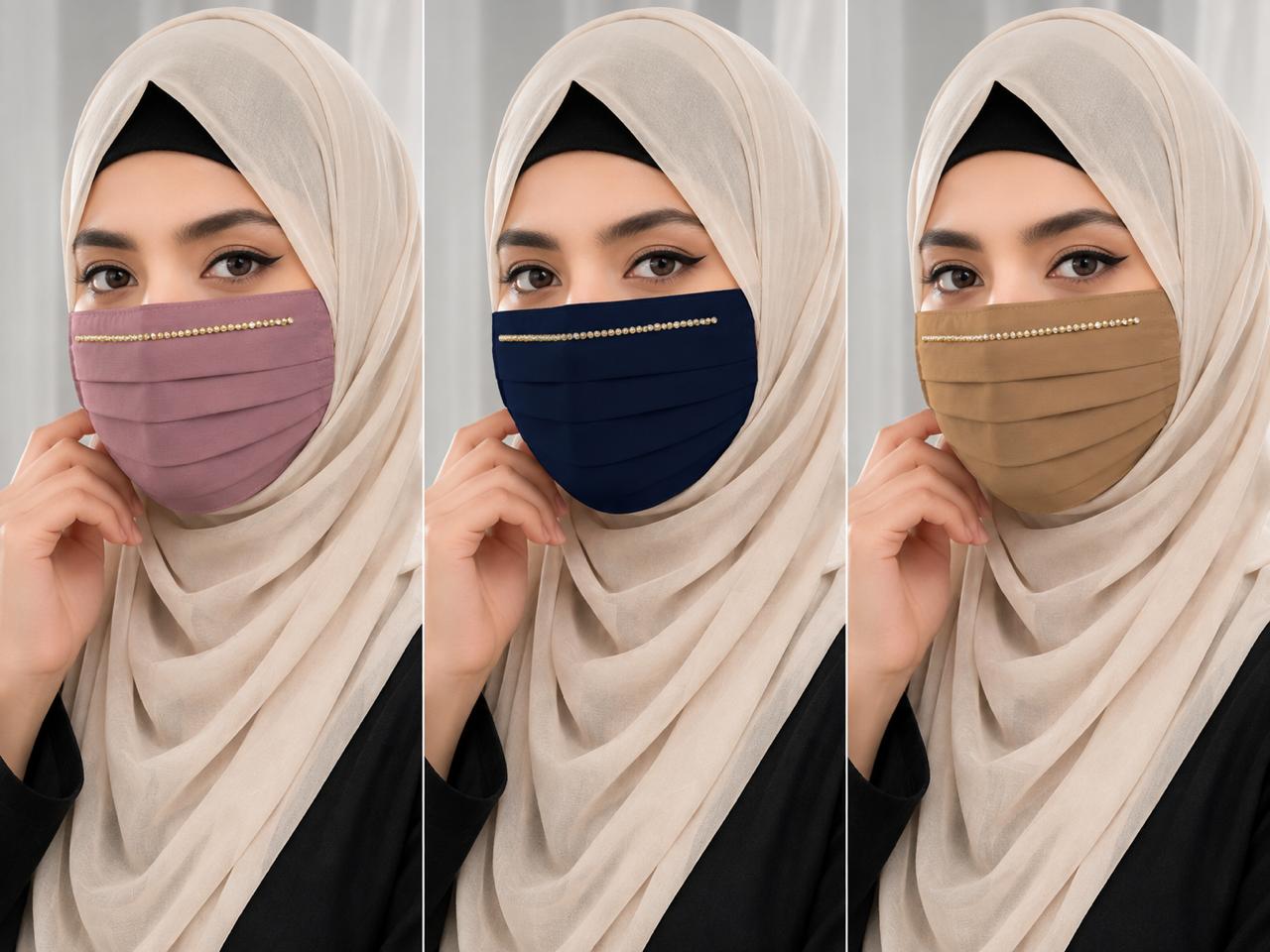 Elegant Pastel & Mauve Stone-Embellished Chiffon Face Mask Set