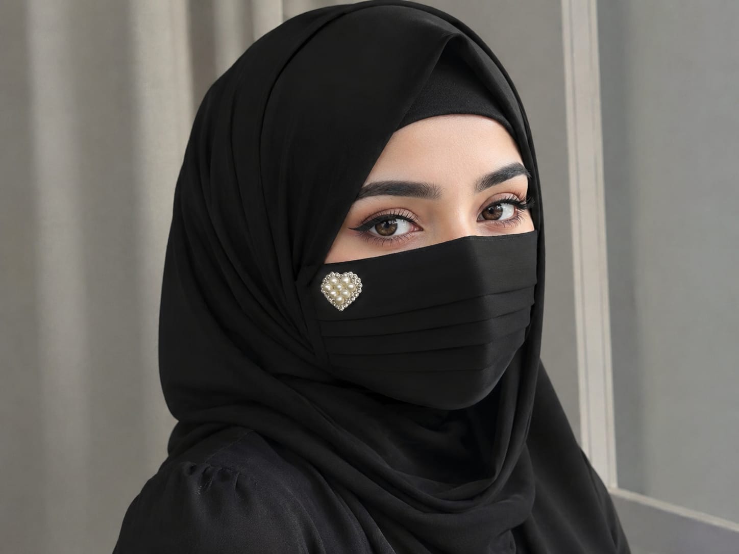 Elegant Chiffon Pleated Niqab Mask with Heart Pearl Brooch