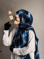 Dark Blue Galaxy Print Pinterest Inspired Chiffon Georgette Hijab| Premium Soft Lightweight & Breathable Chiffon Georgette Fabric Galaxy Marble Abstract Printed Long Hijab Scarf| Trendy Aesthetic Muslim Headscarf for Daily Wear & Party | 185 cm × 75 cm