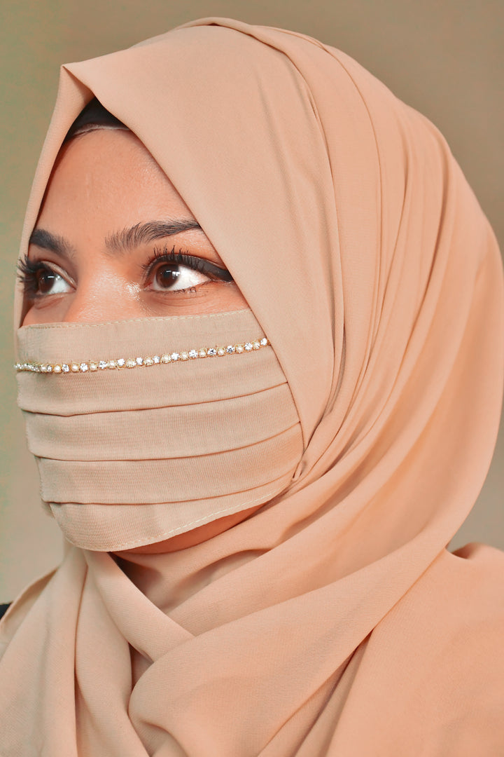 Regal Pleated Face Veil Mask with Stone Border - skin
